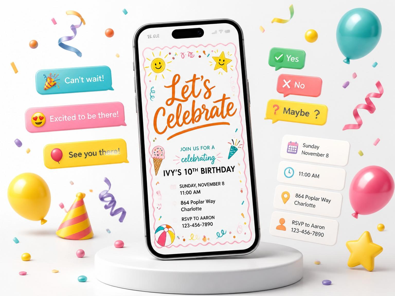 The Pink Scalloped Sun Star 10th Birthday invitation on a phone, with guest RSVPs arriving around it