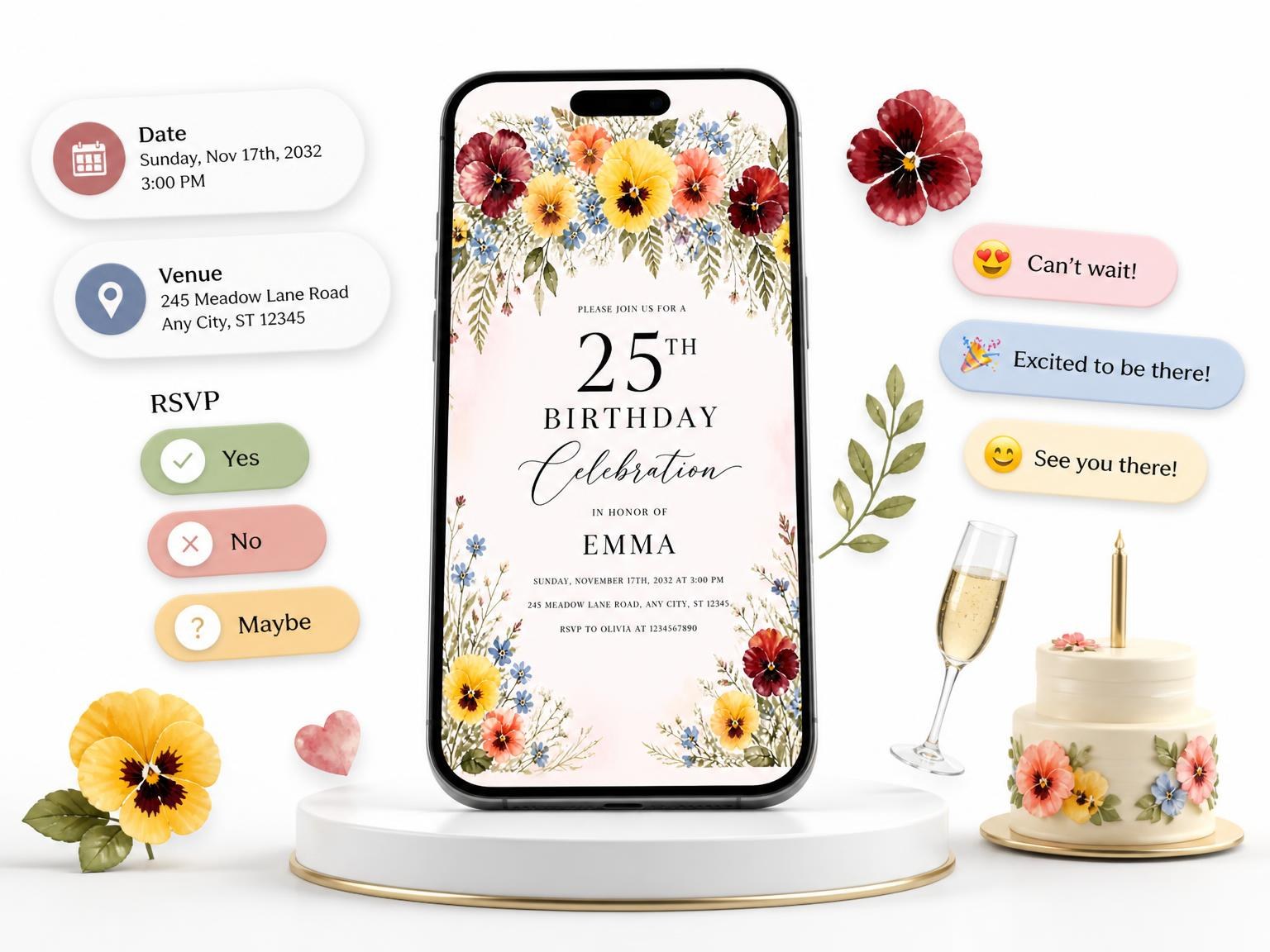 The Botanical Greenery Golden 25th Birthday Invitation invitation on a phone, with guest RSVPs arriving around it