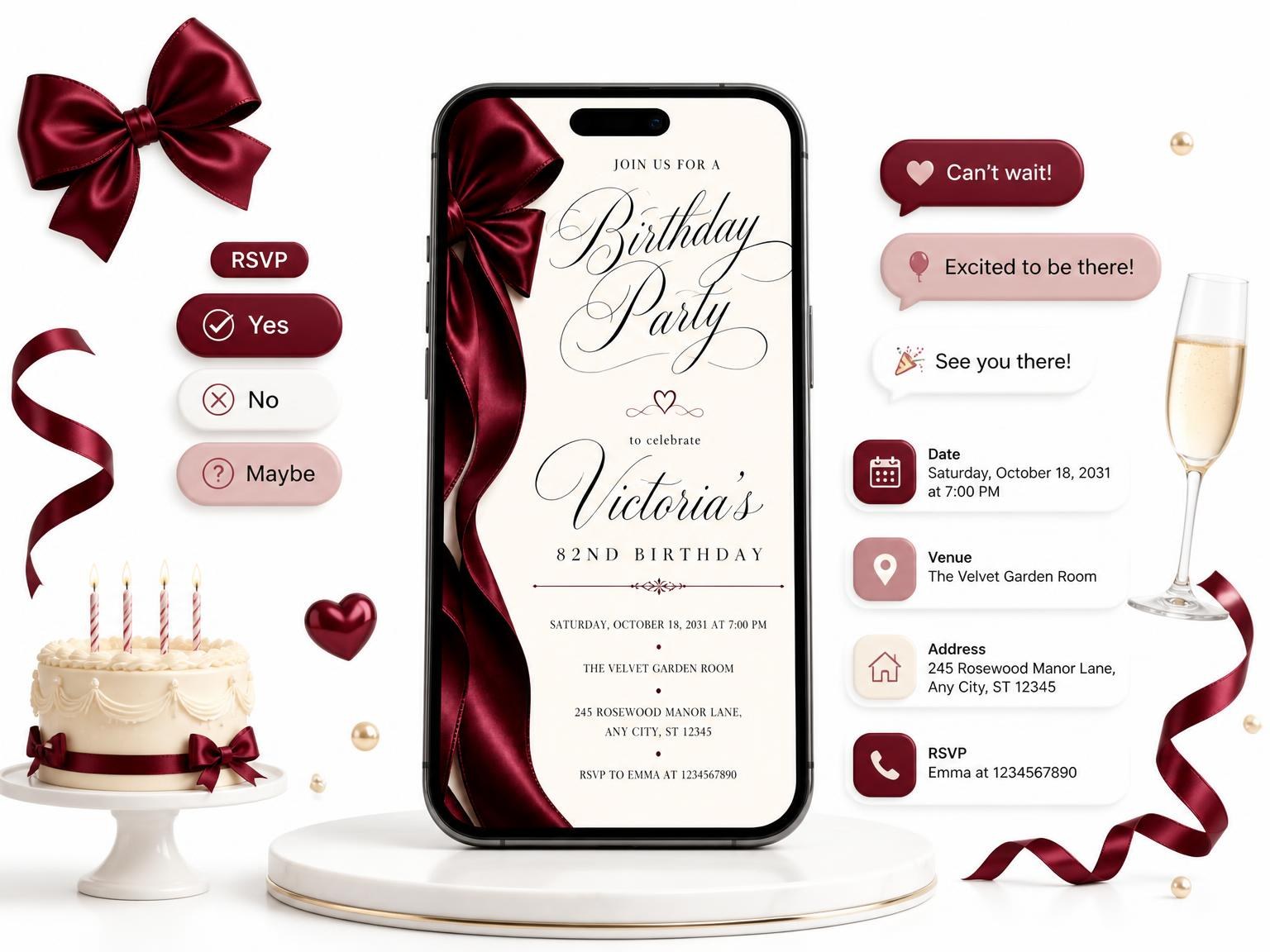 The Burgundy Satin Bow 82nd Birthday Invitation invitation on a phone, with guest RSVPs arriving around it