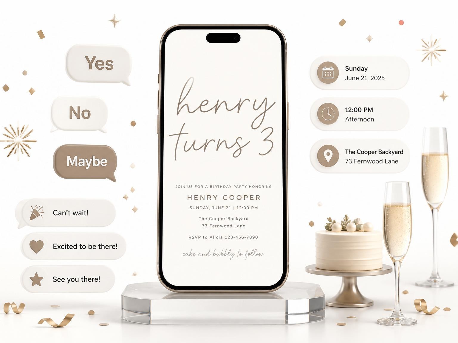 The Taupe Minimalist Typography 3rd Birthday invitation on a phone, with guest RSVPs arriving around it