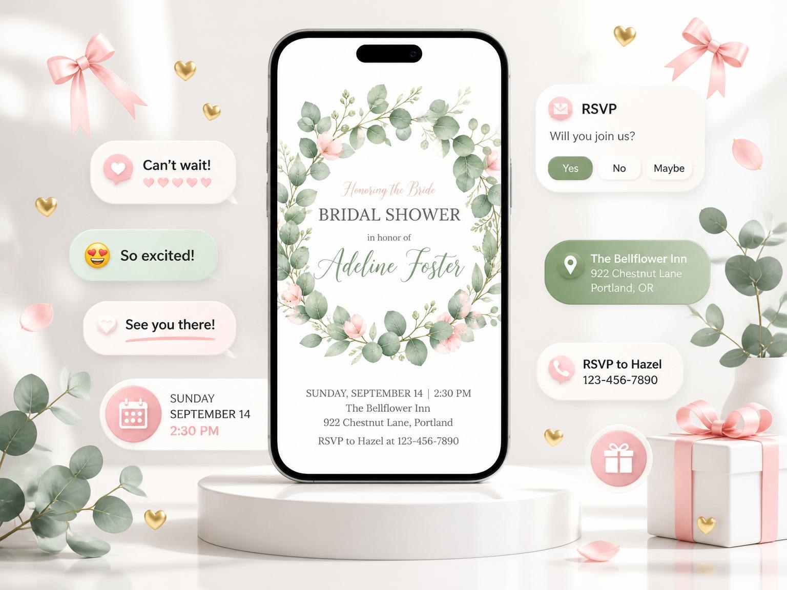 The Watercolor Eucalyptus Wreath Bridal Shower invitation on a phone, with guest RSVPs arriving around it