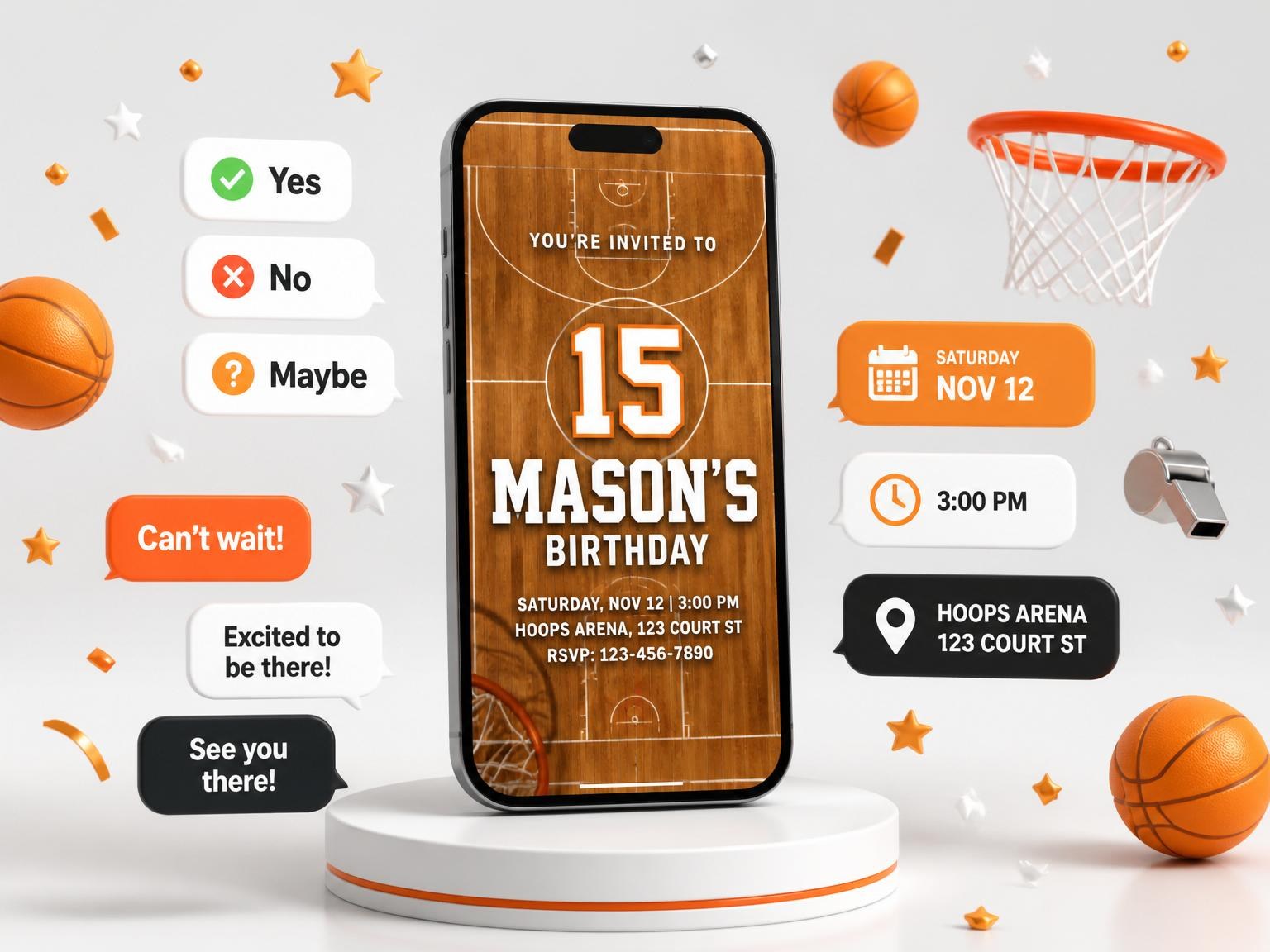 The Hardwood Basketball Court 15th Birthday Invitation invitation on a phone, with guest RSVPs arriving around it