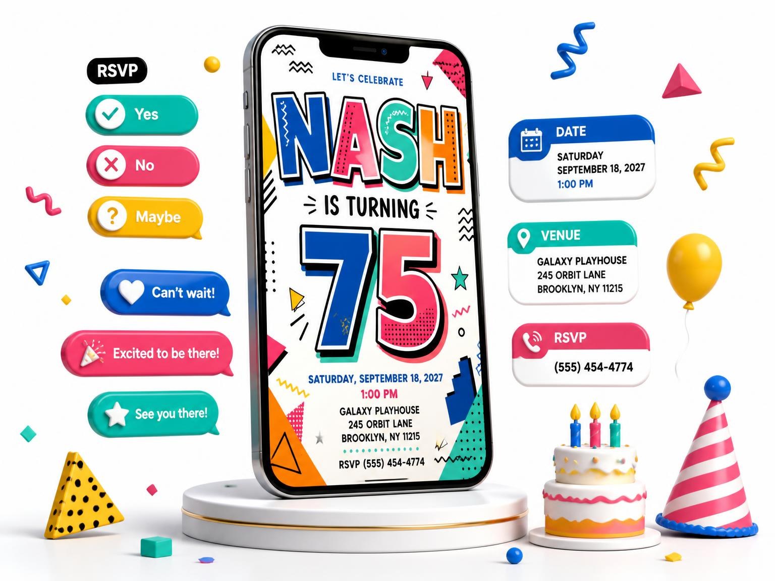 The Memphis Pop 75th Birthday Invitation invitation on a phone, with guest RSVPs arriving around it
