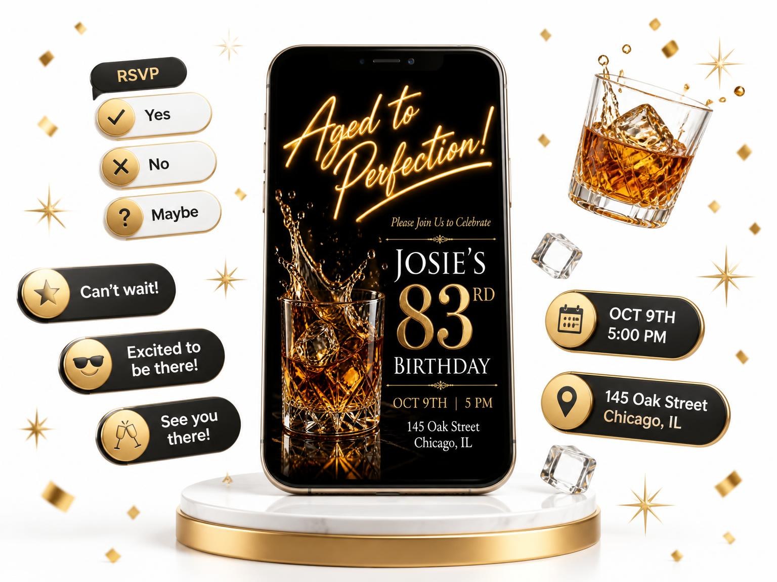 The Whiskey Tumbler 83rd Birthday Invitation invitation on a phone, with guest RSVPs arriving around it