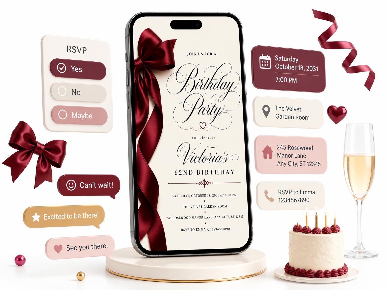 The Burgundy Satin Bow 62nd Birthday Invitation invitation on a phone, with guest RSVPs arriving around it