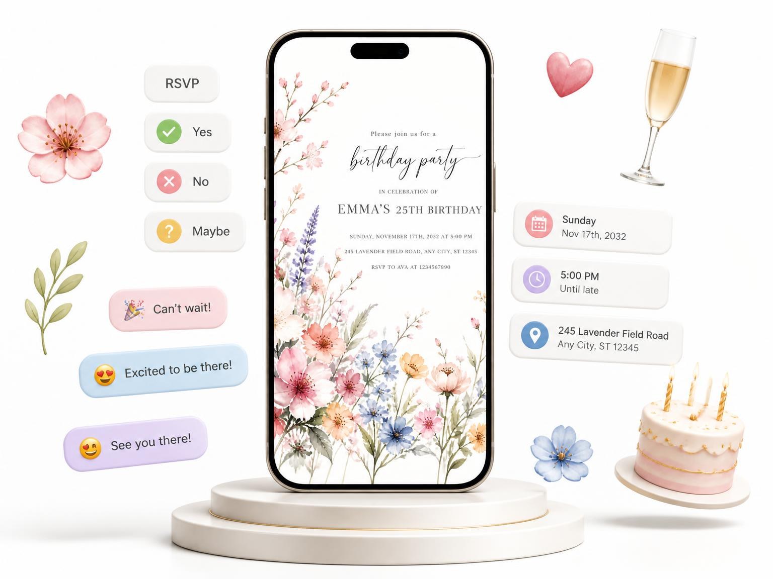 The Pastel Cherry Blossoms 25th Birthday Invitation invitation on a phone, with guest RSVPs arriving around it