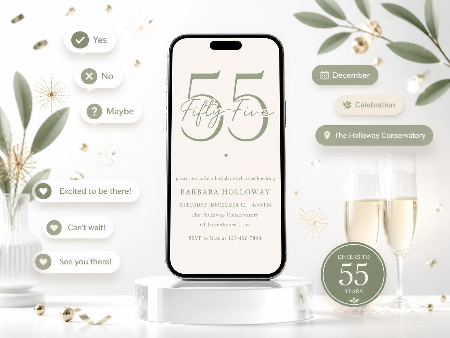 The Sage Green Minimalist 55th Birthday invitation on a phone, with guest RSVPs arriving around it