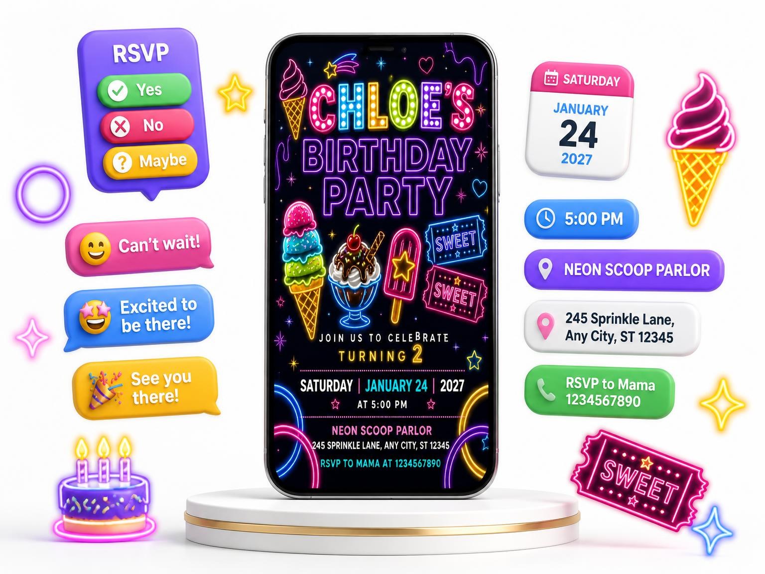 The Neon Ice Cream 2nd Birthday Invitation invitation on a phone, with guest RSVPs arriving around it