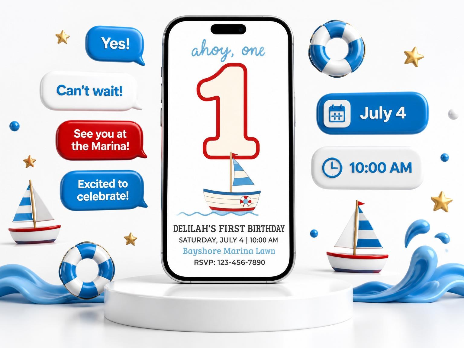 The Red and Blue Sailboat 1st Birthday invitation on a phone, with guest RSVPs arriving around it