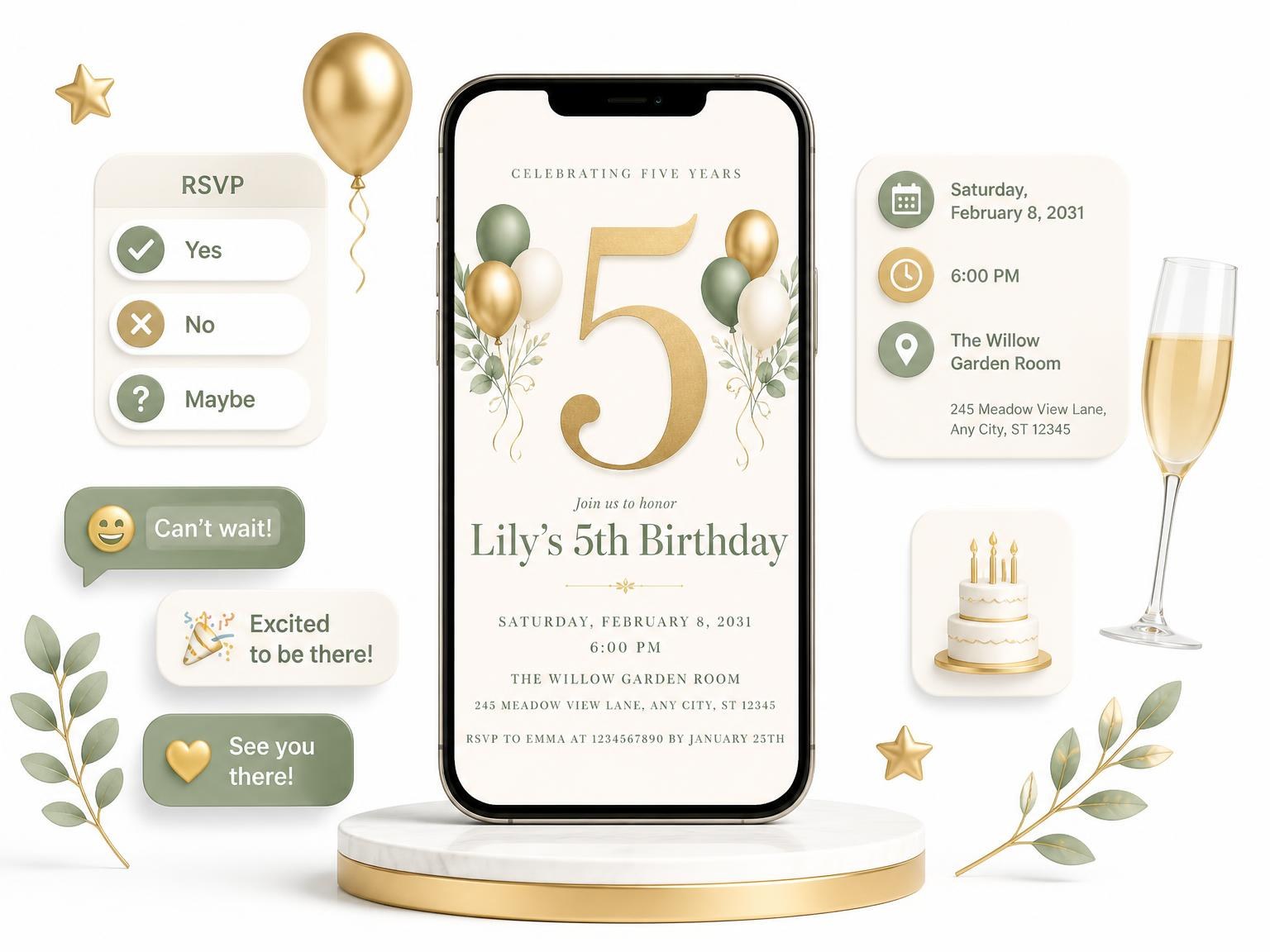 The Sage and Ivory 5th Birthday Invitation invitation on a phone, with guest RSVPs arriving around it