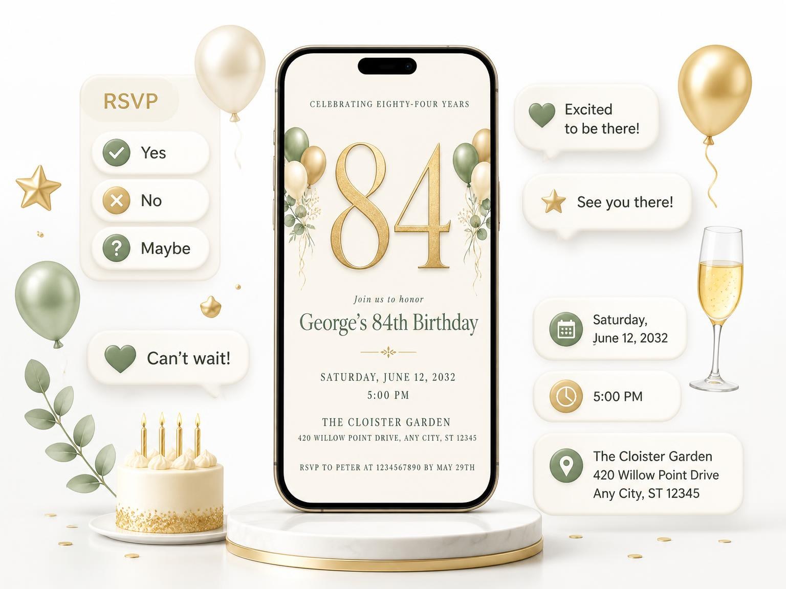 The Sage and Ivory 84th Birthday Invitation invitation on a phone, with guest RSVPs arriving around it