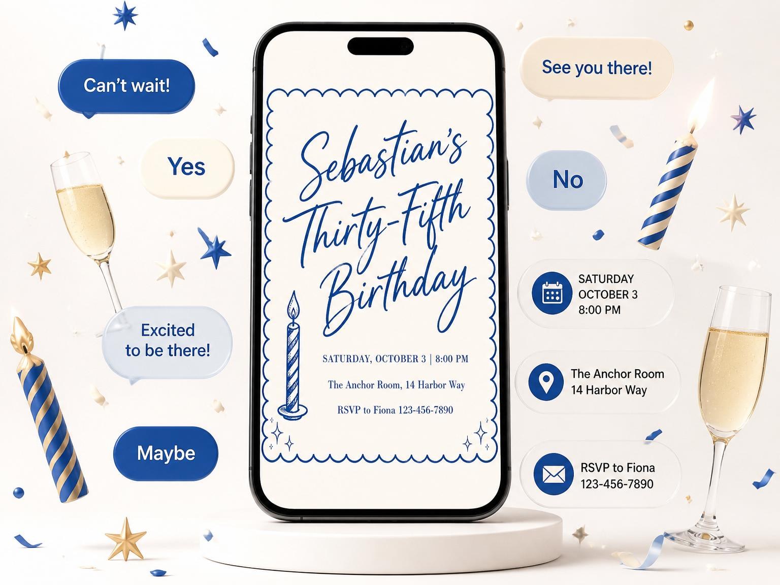 The Blue Scalloped Border 35th Birthday Invitation invitation on a phone, with guest RSVPs arriving around it