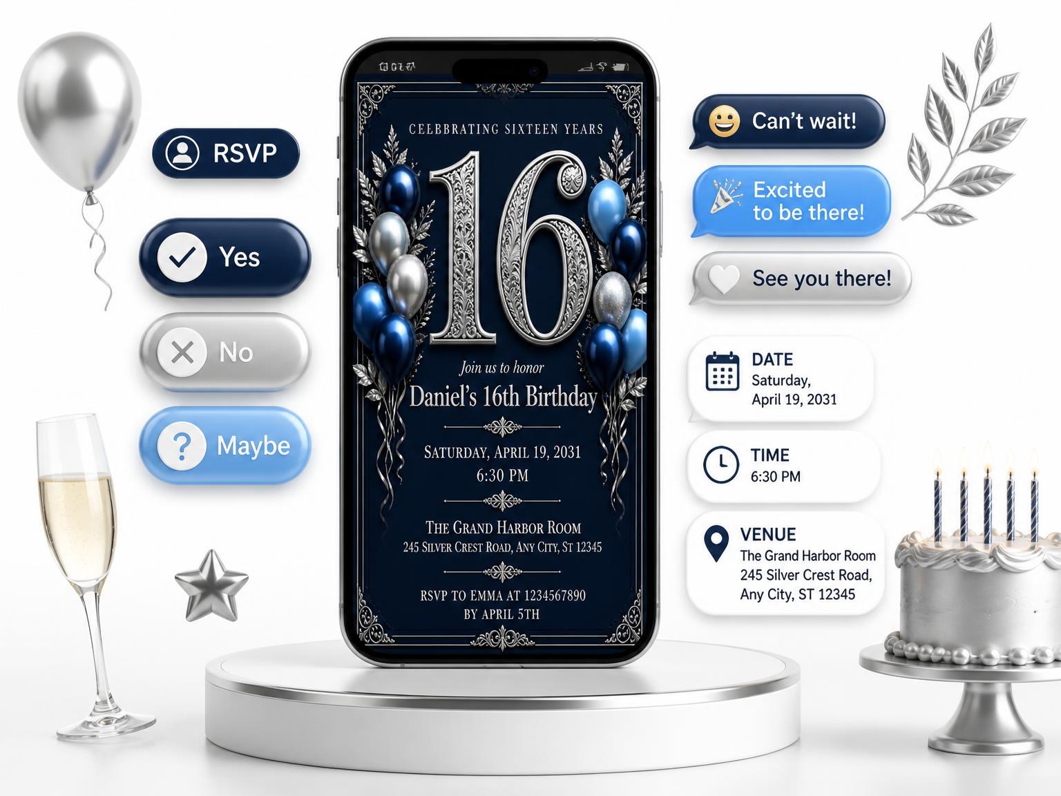 The Navy and Silver 16th Birthday Invitation invitation on a phone, with guest RSVPs arriving around it