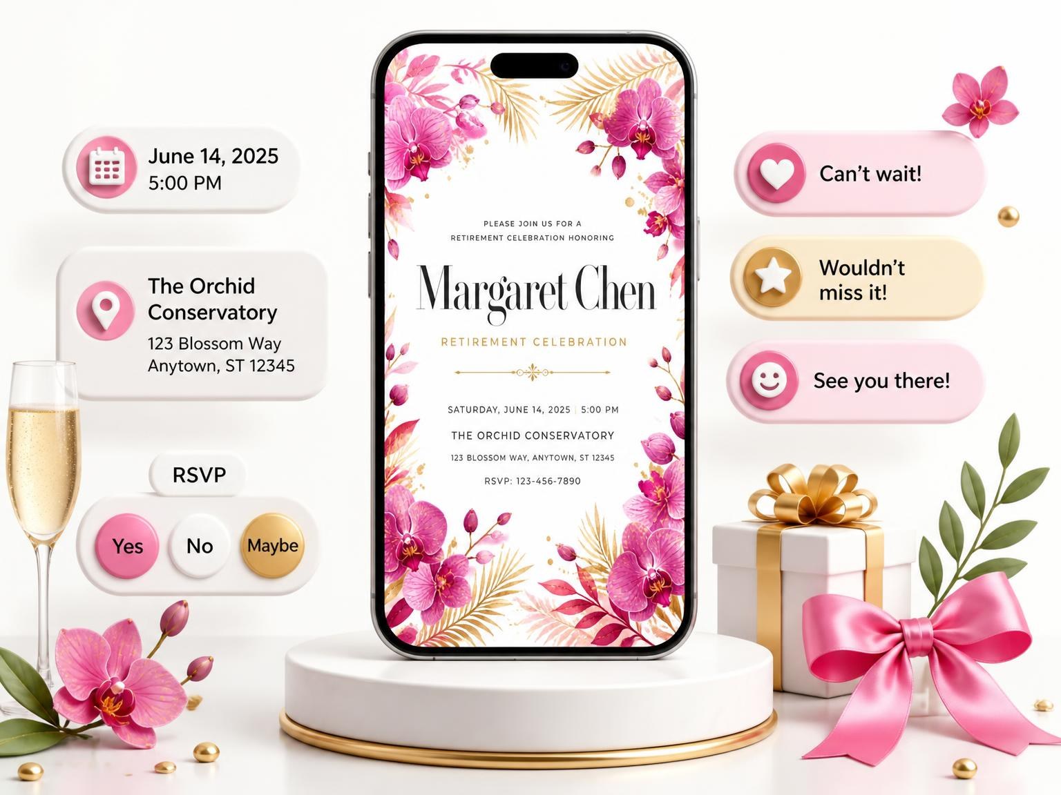 The Flowers Buds Retirement Celebration Invitation invitation on a phone, with guest RSVPs arriving around it