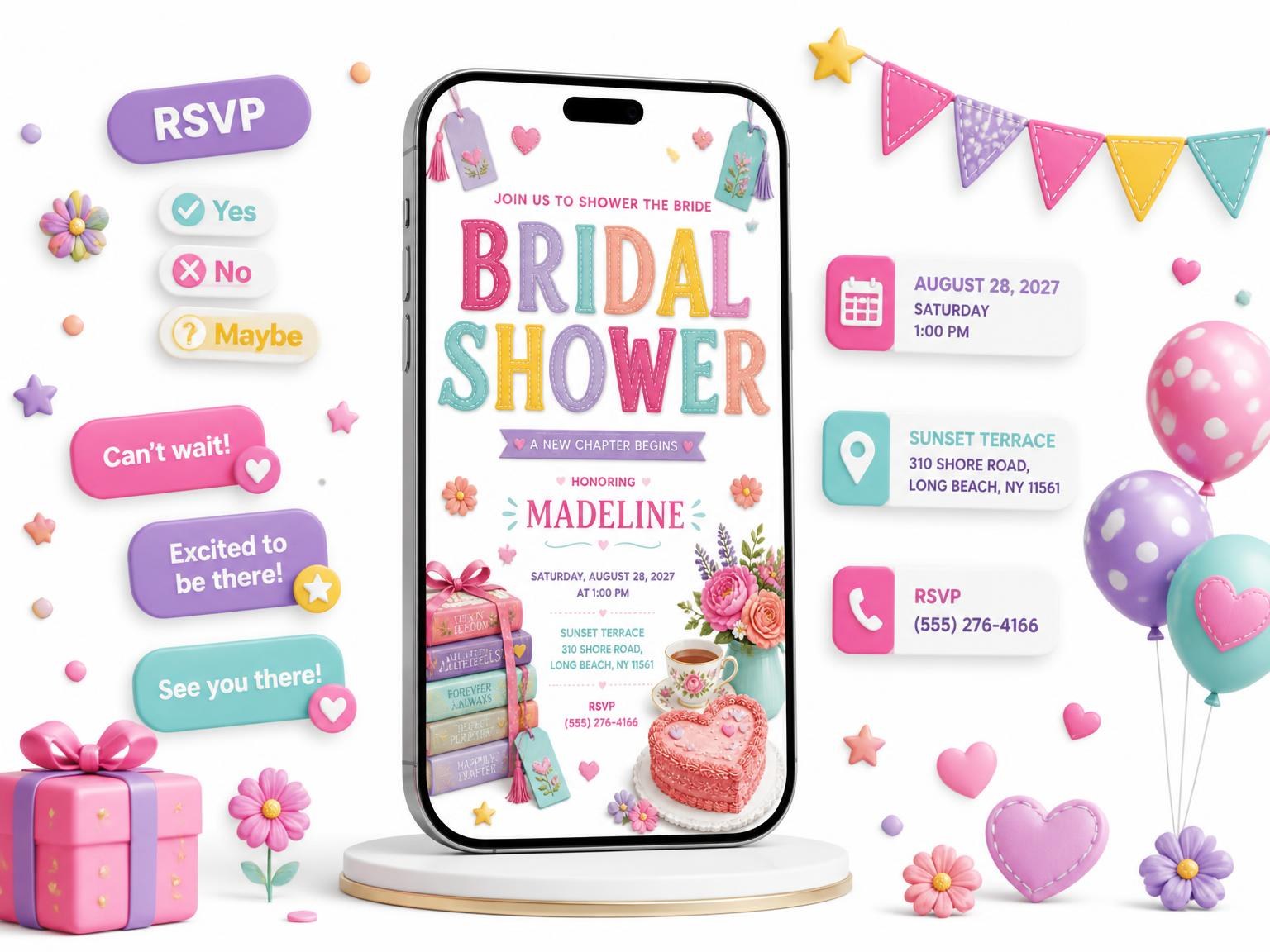 The Vintage Lambeth Bridal Shower Invitation invitation on a phone, with guest RSVPs arriving around it