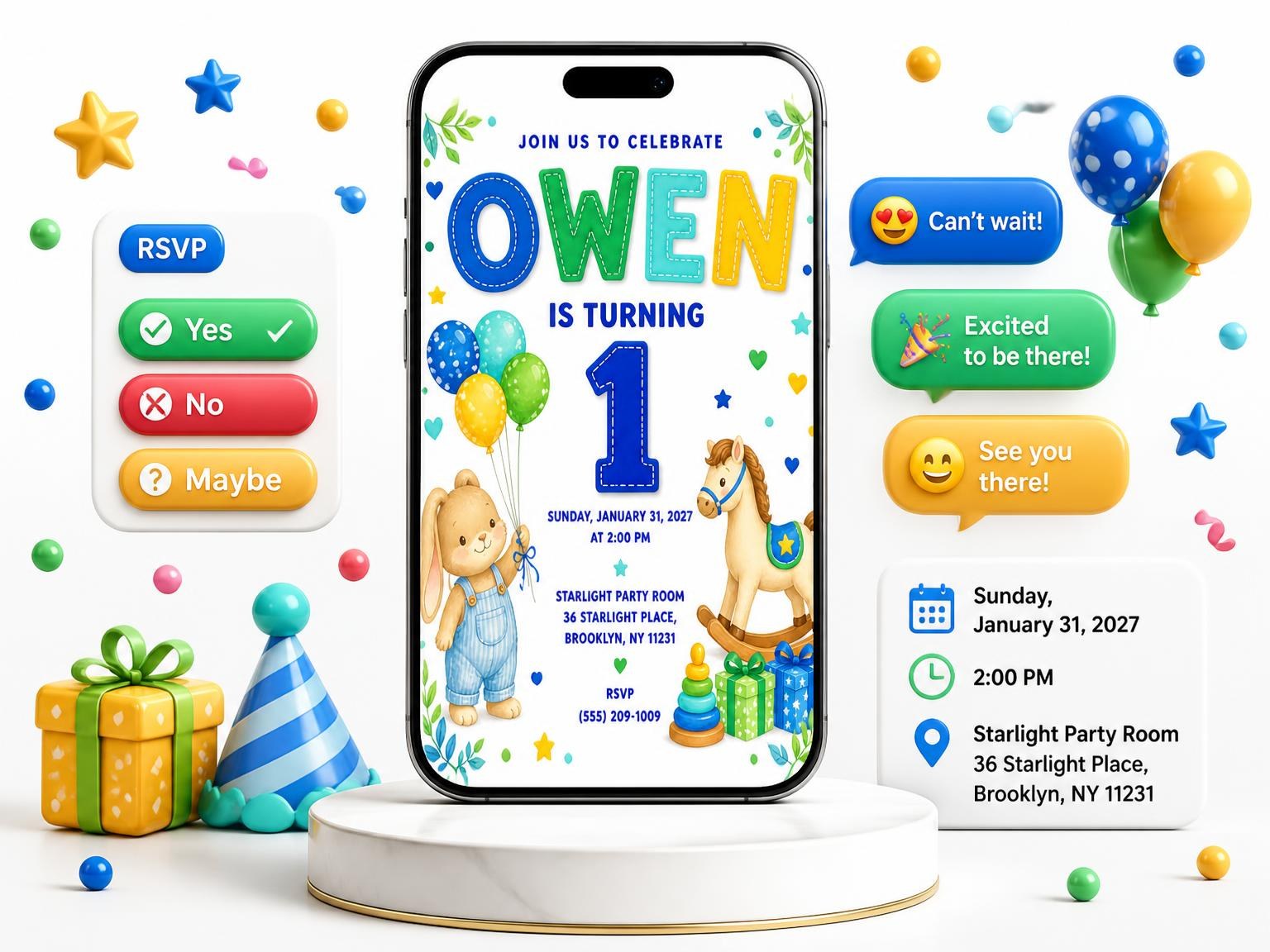 The Stitched Bunny Toys 1st Birthday Invitation invitation on a phone, with guest RSVPs arriving around it