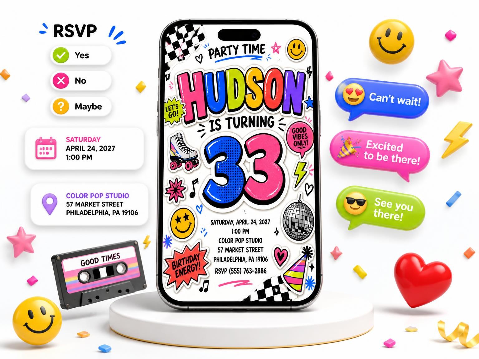 The Sticker Pop 33rd Birthday Invitation invitation on a phone, with guest RSVPs arriving around it