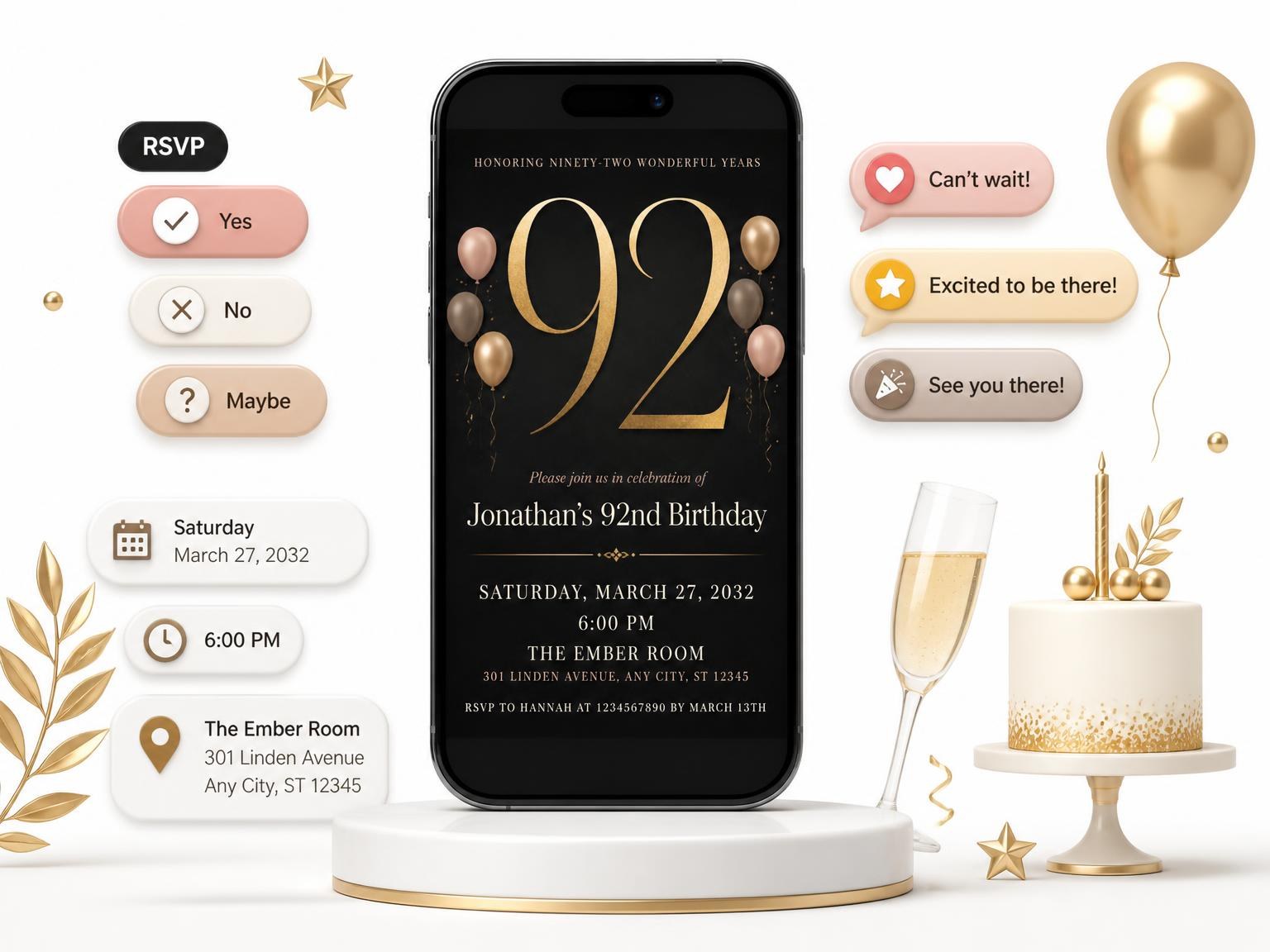 The Charcoal and Blush 92nd Birthday Invitation invitation on a phone, with guest RSVPs arriving around it