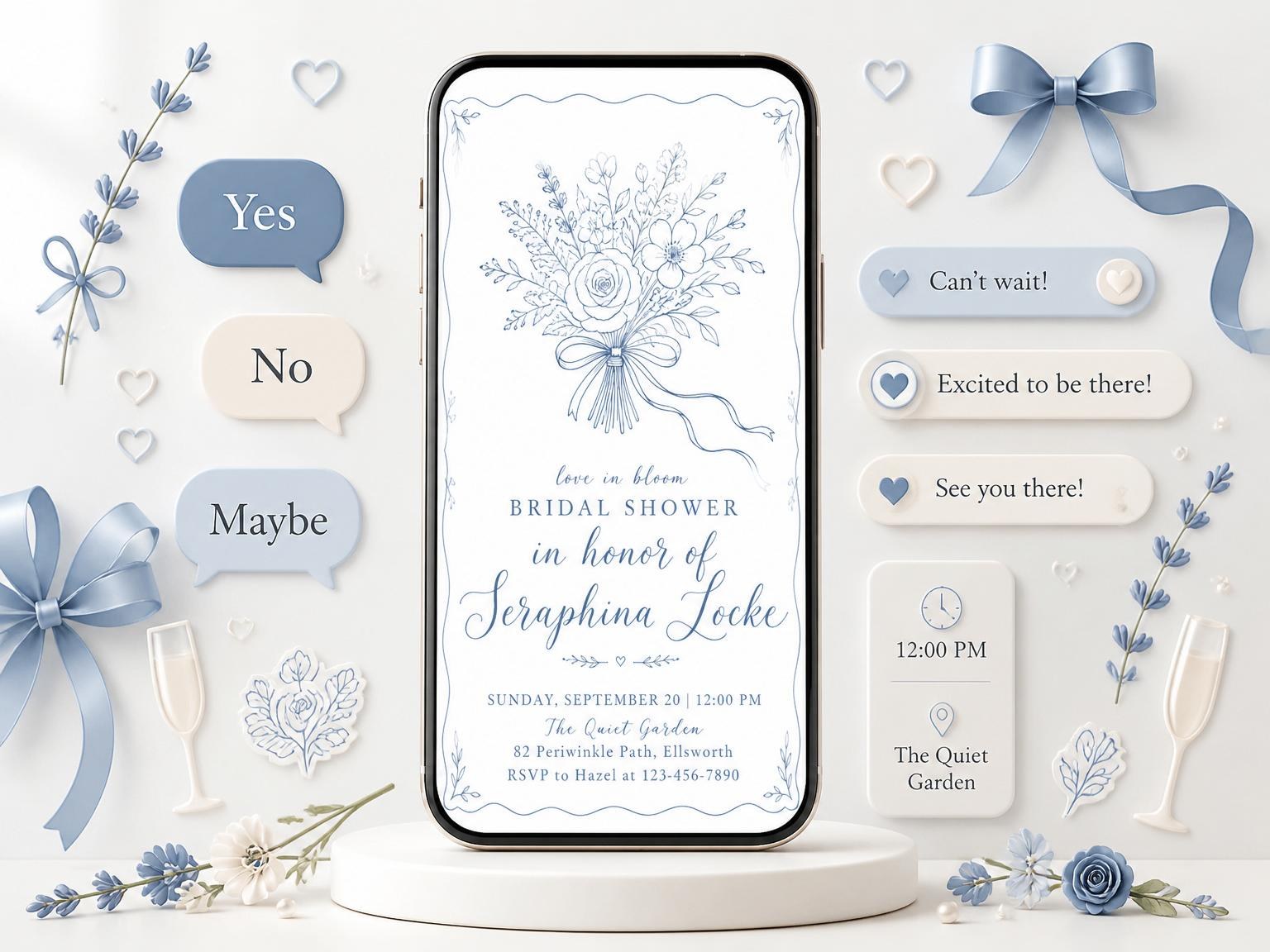 The Deep Blue Ink Floral Bridal Shower invitation on a phone, with guest RSVPs arriving around it