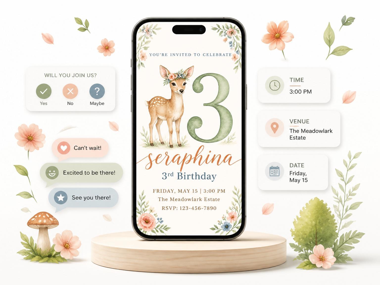 The Watercolor Fawn Floral 3rd Birthday invitation on a phone, with guest RSVPs arriving around it