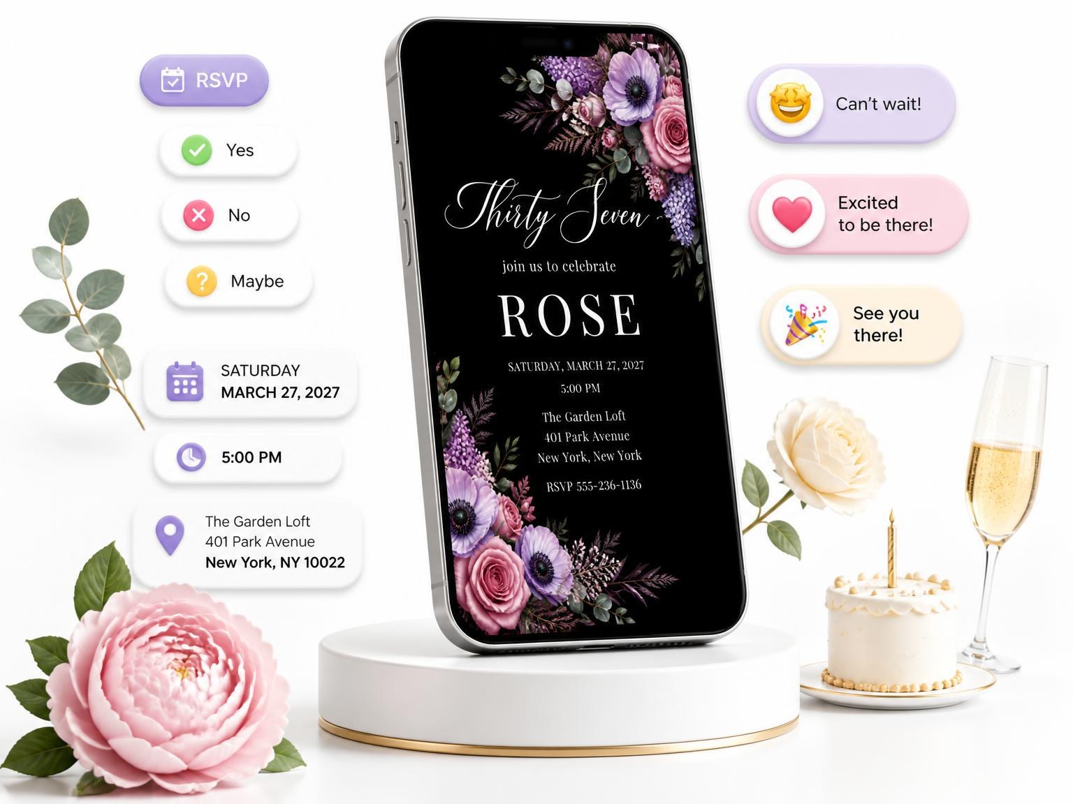 The Black Floral 37th Birthday Invitation invitation on a phone, with guest RSVPs arriving around it