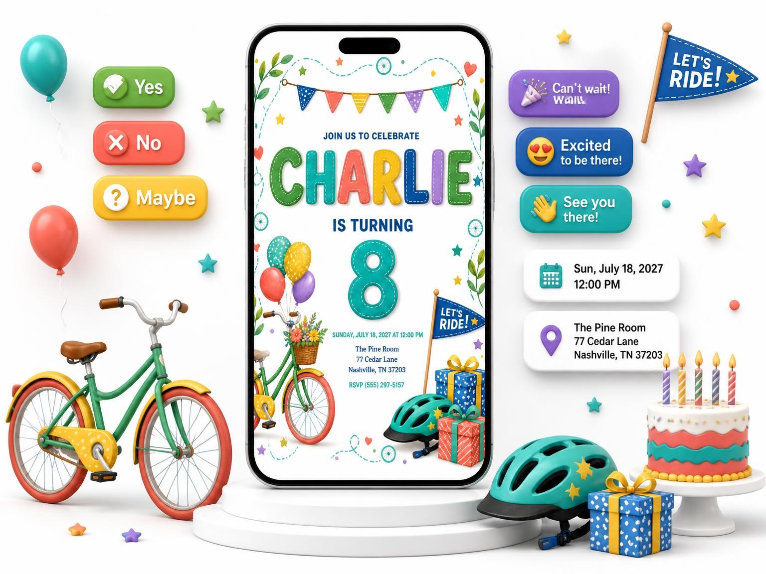 The Stitched Bike Ride 8th Birthday Invitation invitation on a phone, with guest RSVPs arriving around it