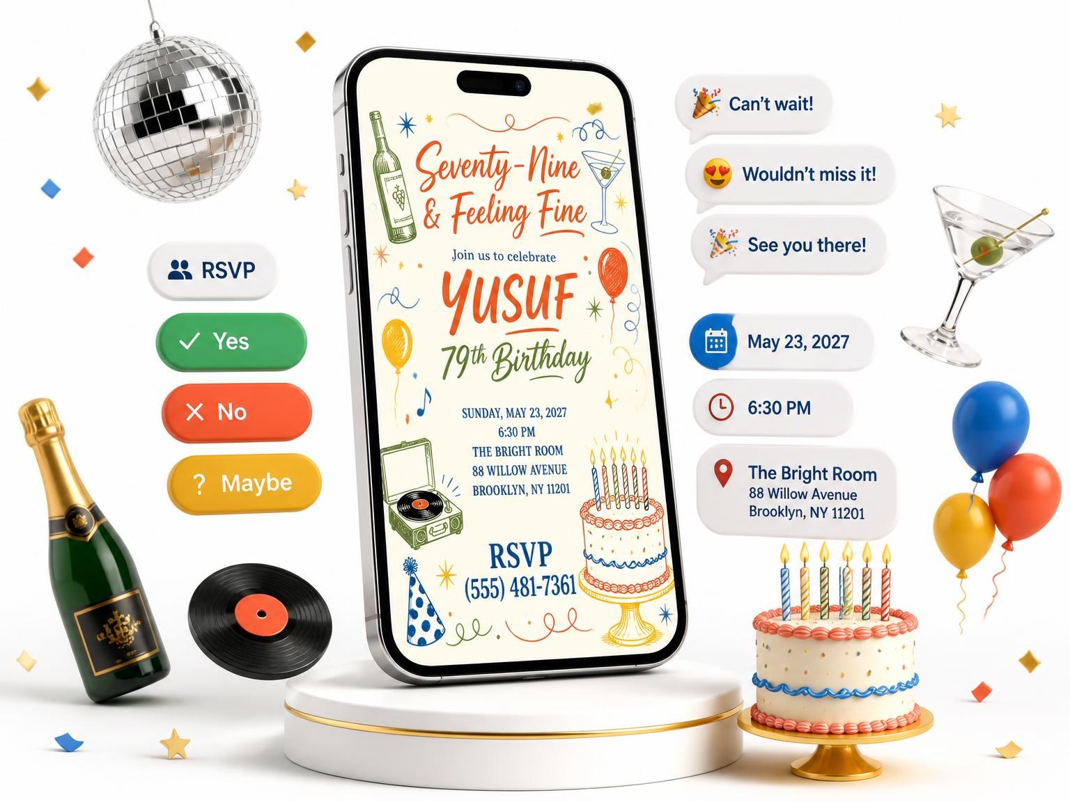 The Retro Doodle 79th Birthday Invitation invitation on a phone, with guest RSVPs arriving around it