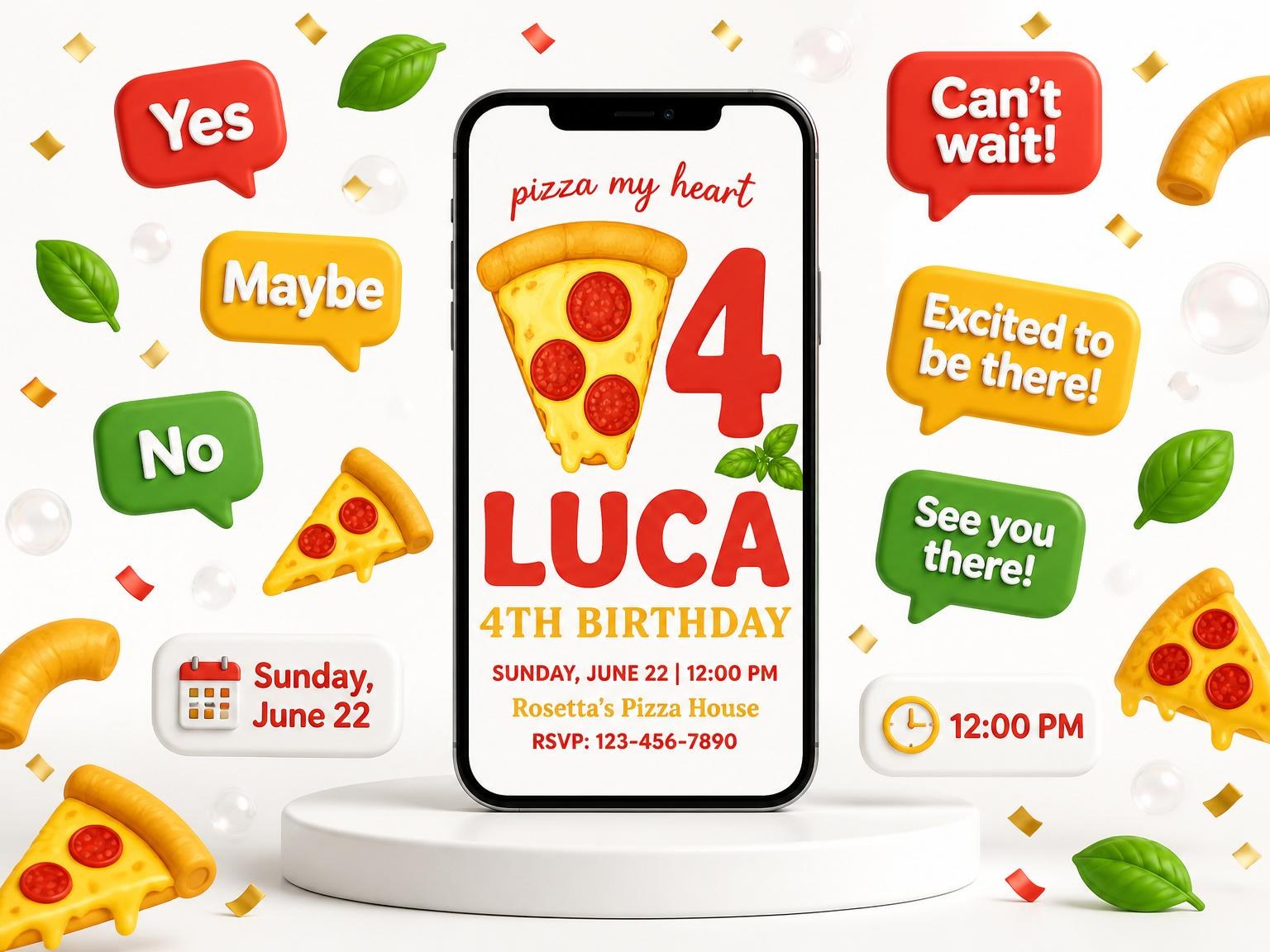 The Pepperoni Pizza Illustration 4th Birthday invitation on a phone, with guest RSVPs arriving around it