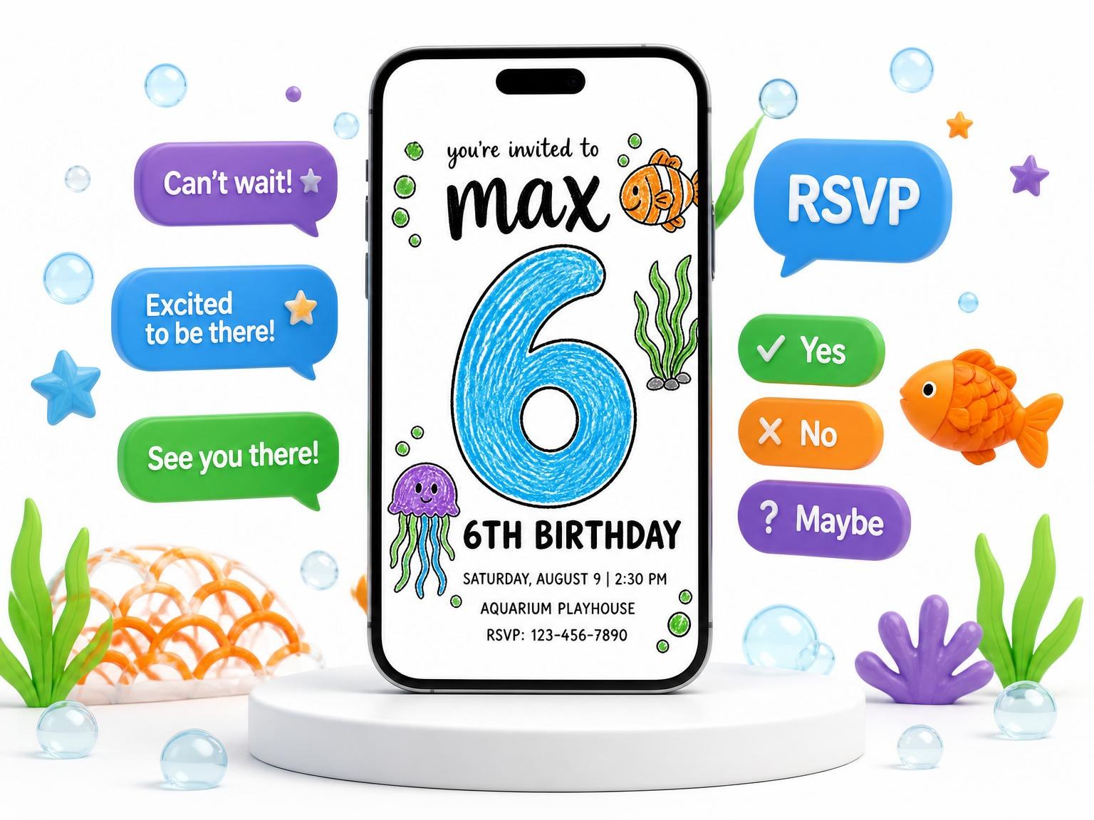 The Crayon Sea-Life 6th Birthday Invitation invitation on a phone, with guest RSVPs arriving around it