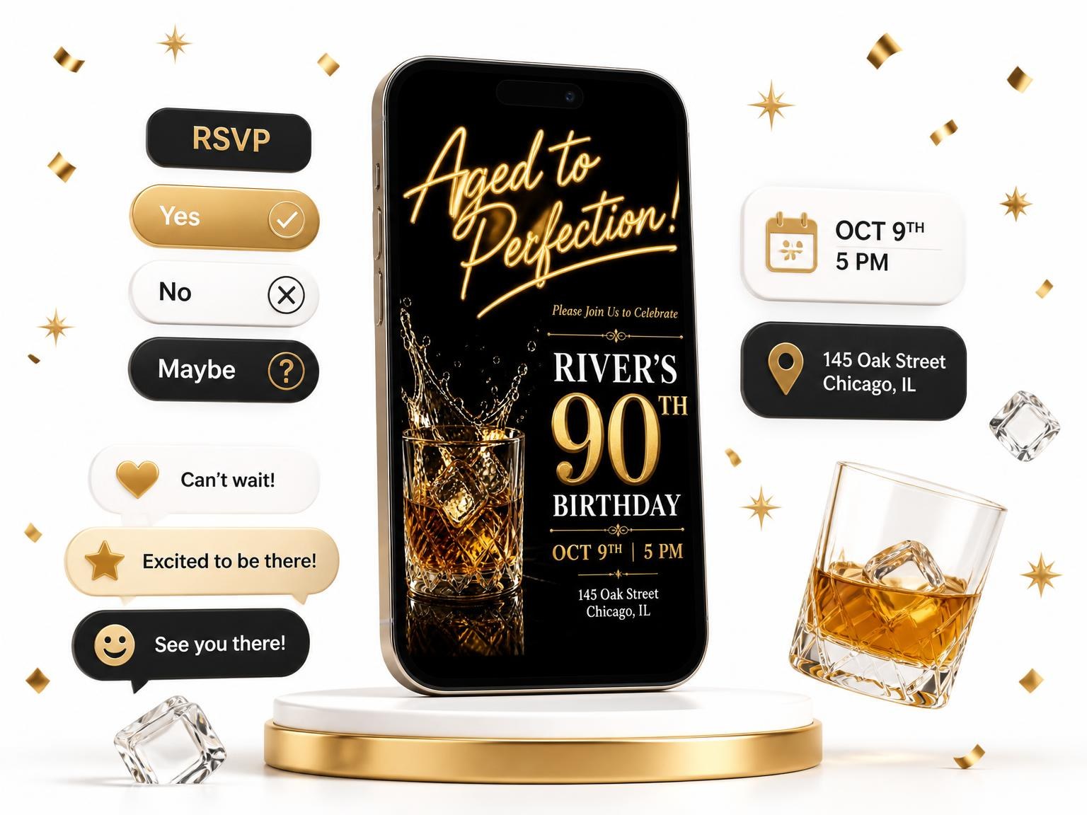 The Whiskey Tumbler 90th Birthday Invitation invitation on a phone, with guest RSVPs arriving around it