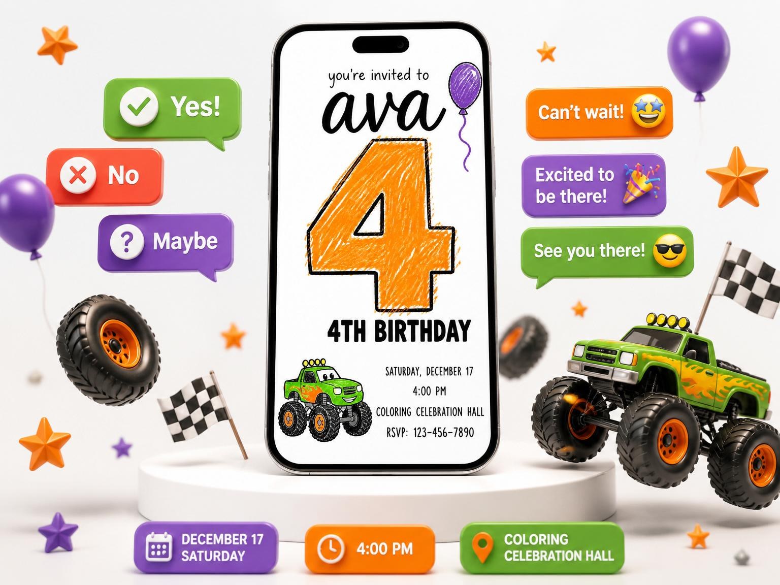 The Crayon Texture Monster Truck Birthday invitation on a phone, with guest RSVPs arriving around it