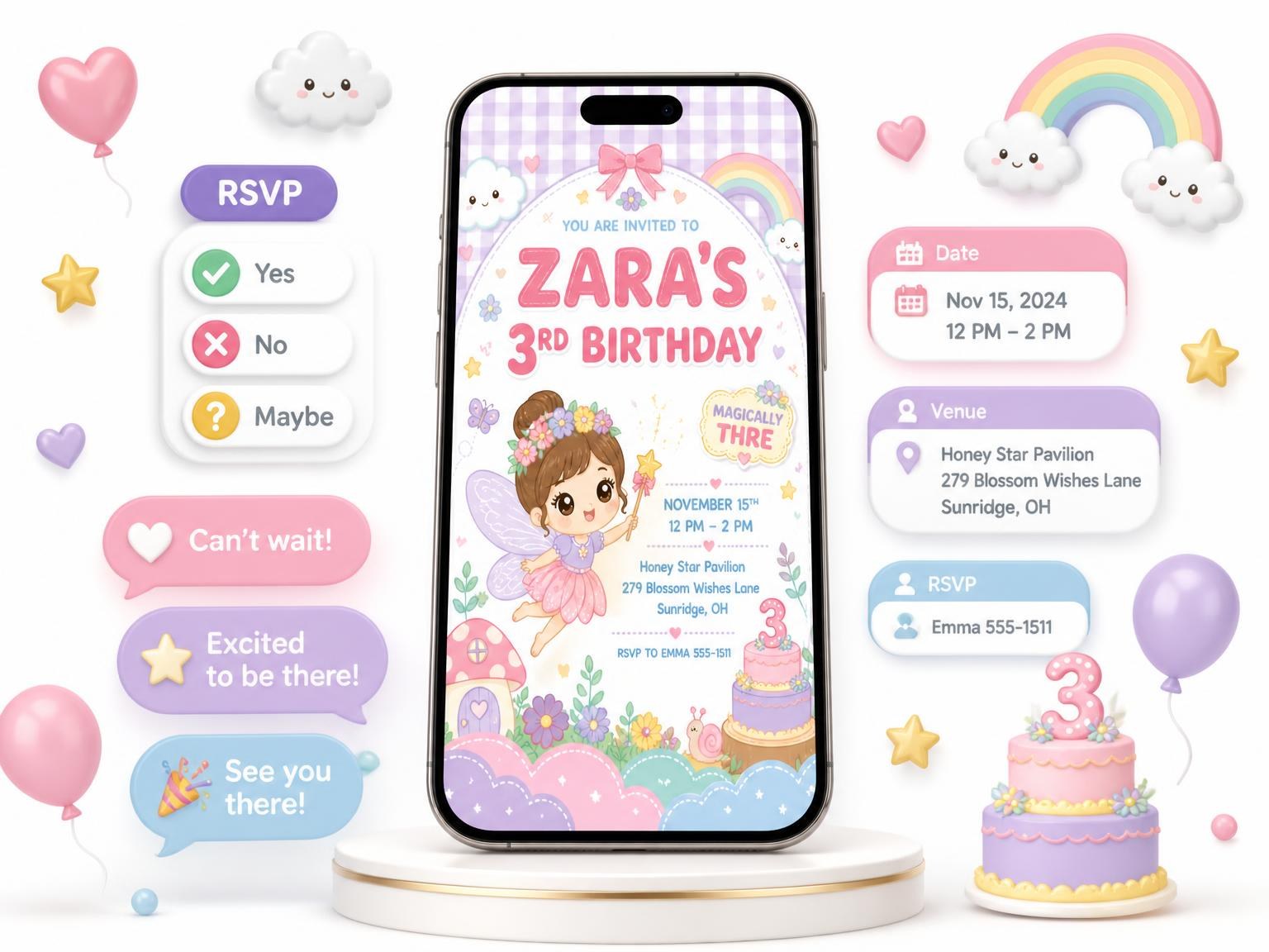 The Fairy House Kawaii 3rd Birthday Invitation invitation on a phone, with guest RSVPs arriving around it