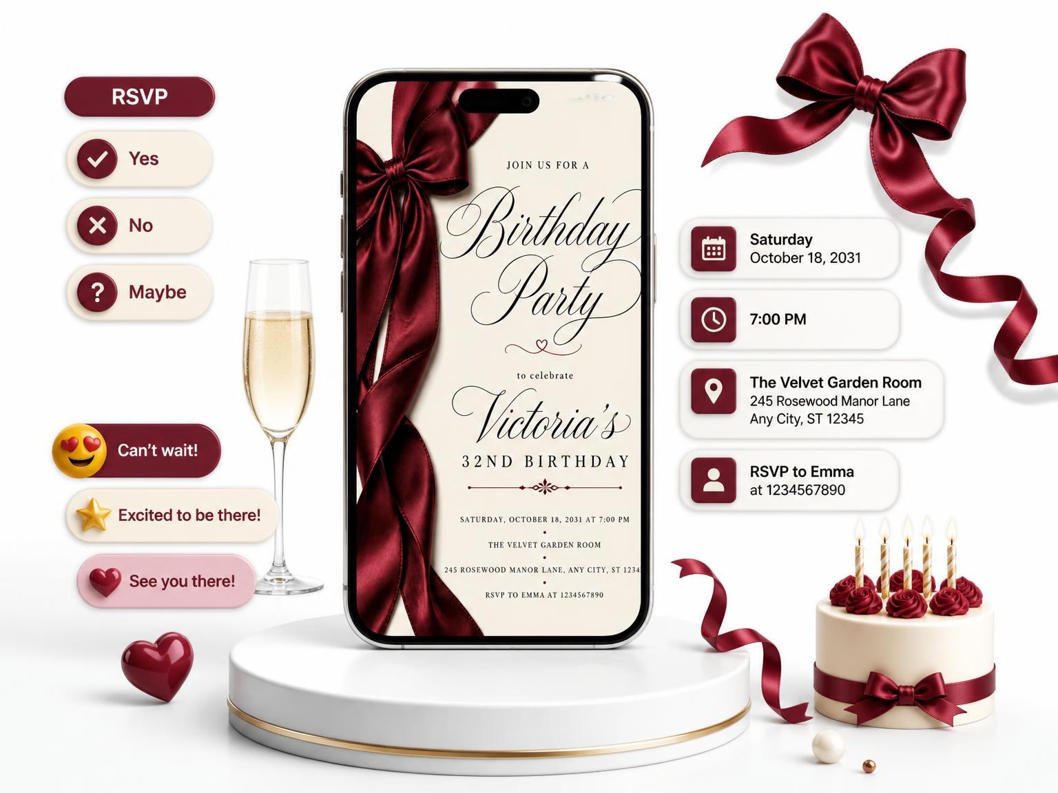 The Burgundy Satin Bow 32nd Birthday Invitation invitation on a phone, with guest RSVPs arriving around it