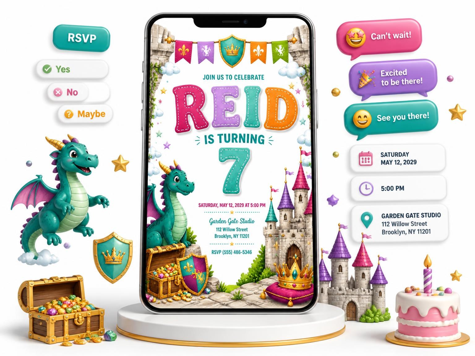 The Stitched Dragon Castle 7th Birthday Invitation invitation on a phone, with guest RSVPs arriving around it