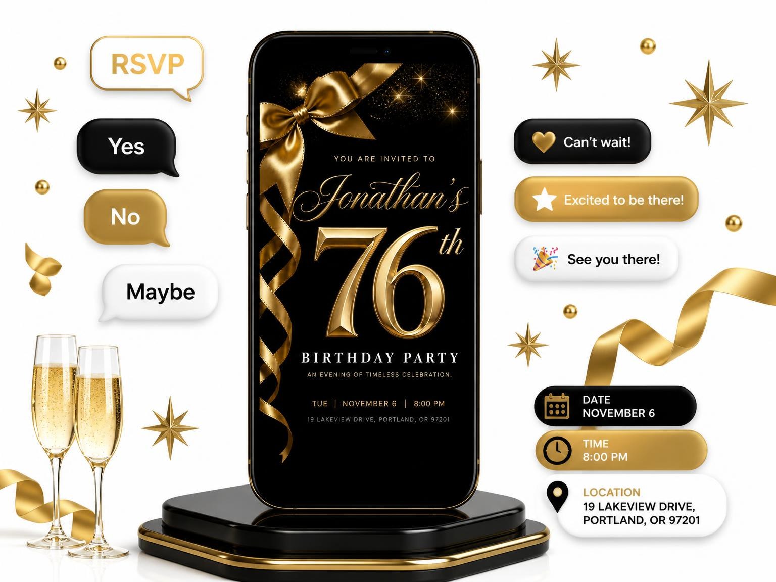 The Black and Gold Ribbon 76th Birthday invitation on a phone, with guest RSVPs arriving around it