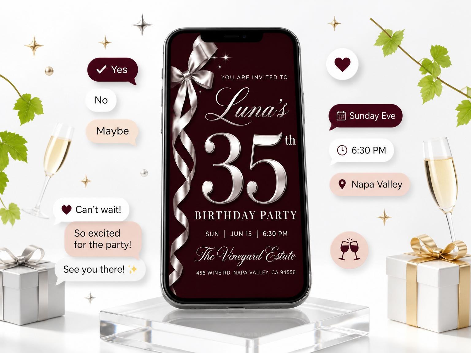 The Burgundy Silver Ribbon 35th Birthday Invitation invitation on a phone, with guest RSVPs arriving around it
