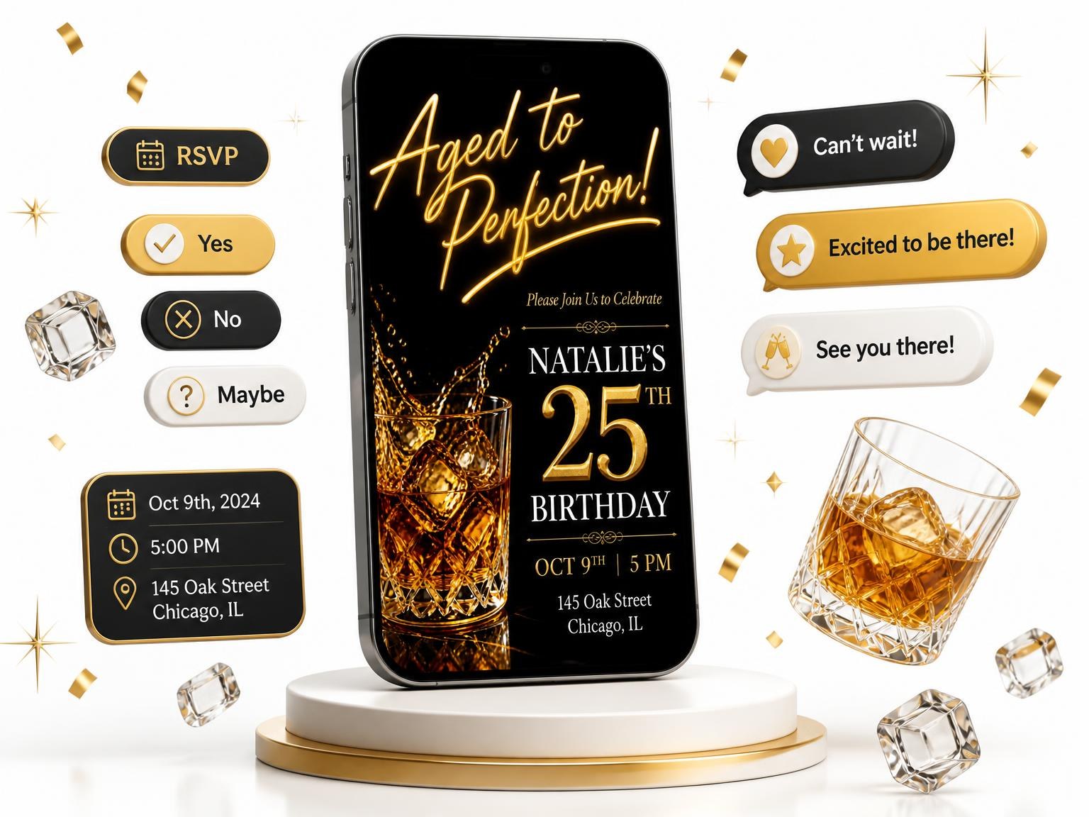 The Marble Surface 25th Birthday Invitation invitation on a phone, with guest RSVPs arriving around it