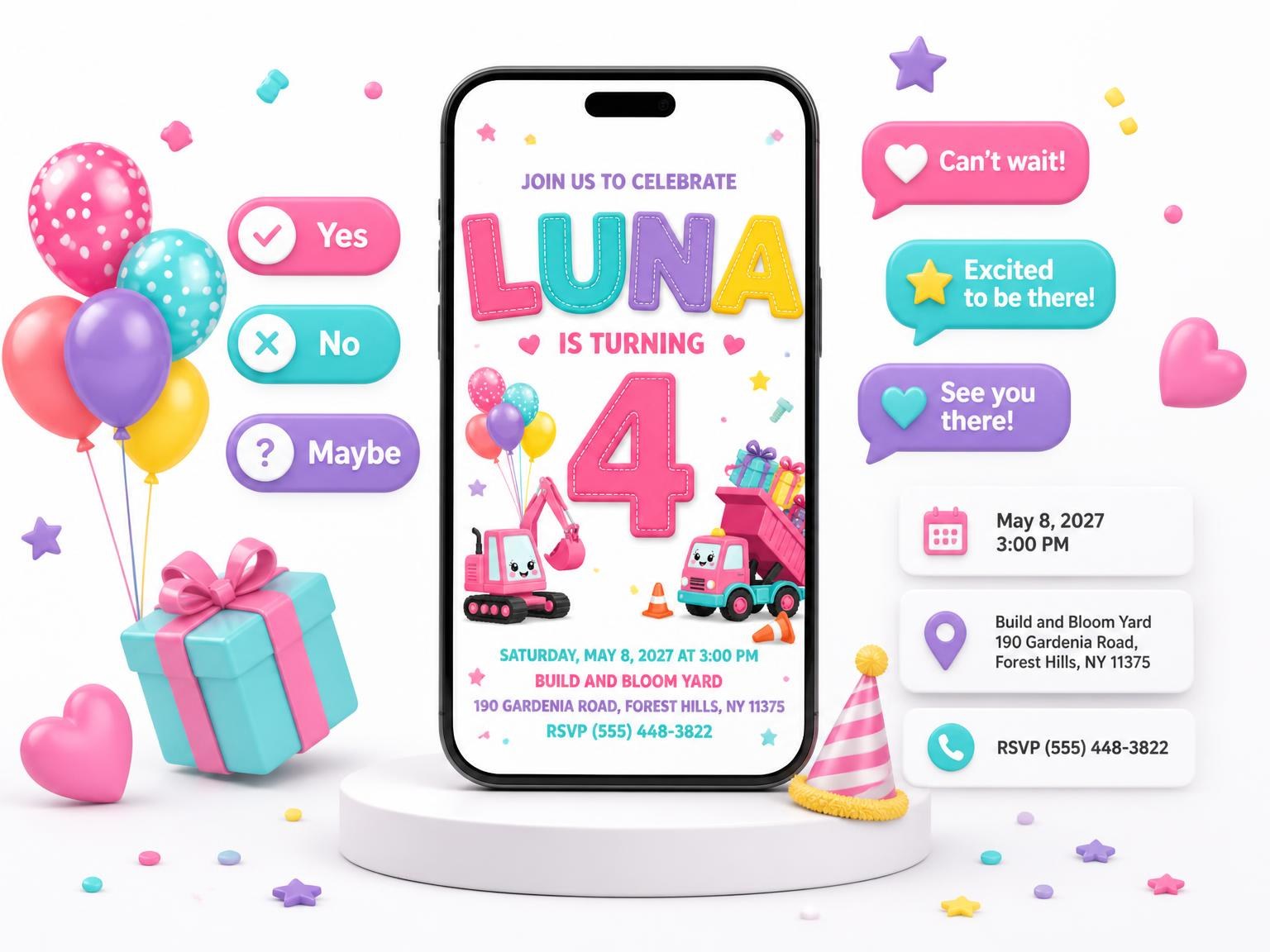 The Pink Construction 4th Birthday Invitation invitation on a phone, with guest RSVPs arriving around it