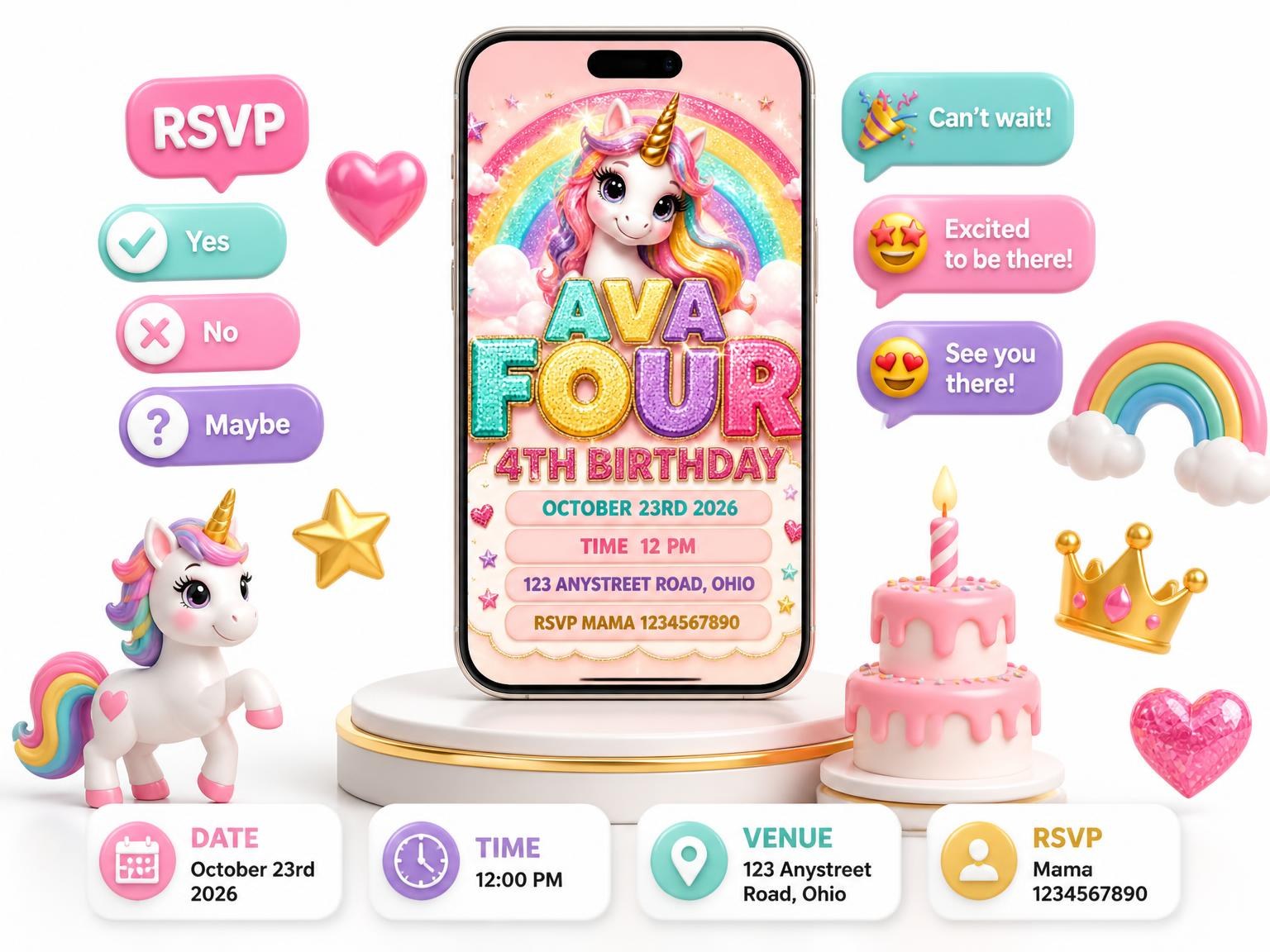 The Glitter Unicorn 4th Birthday Invitation invitation on a phone, with guest RSVPs arriving around it