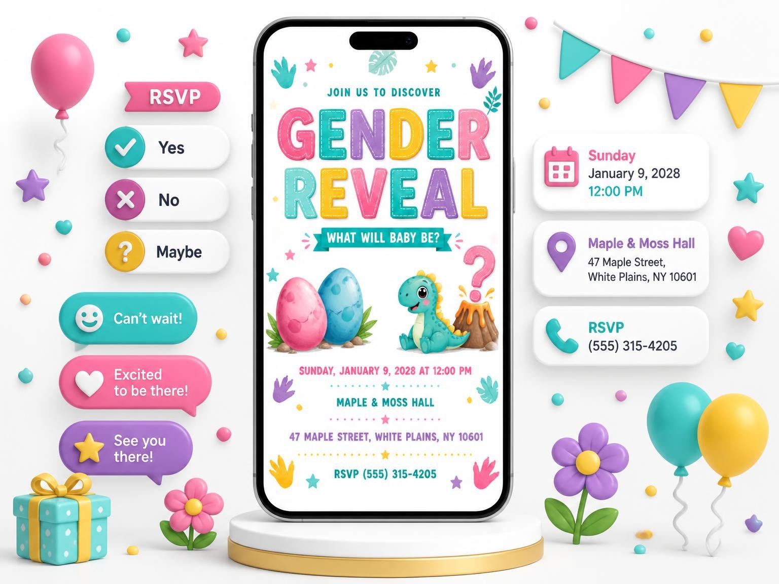 The Dinosaur Eggs Gender Reveal Invitation invitation on a phone, with guest RSVPs arriving around it