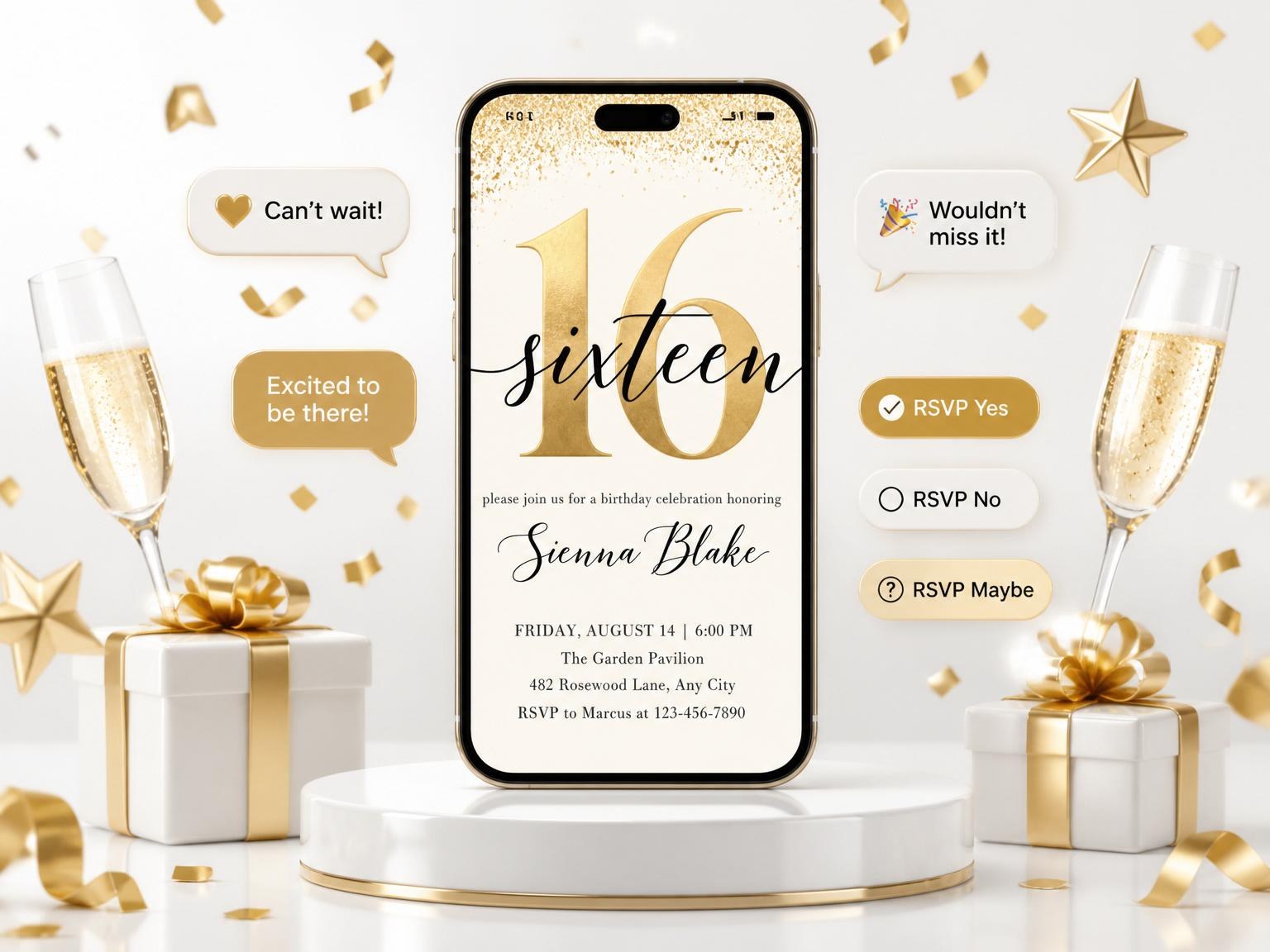 The Gold Foil 16th Birthday Invitation invitation on a phone, with guest RSVPs arriving around it
