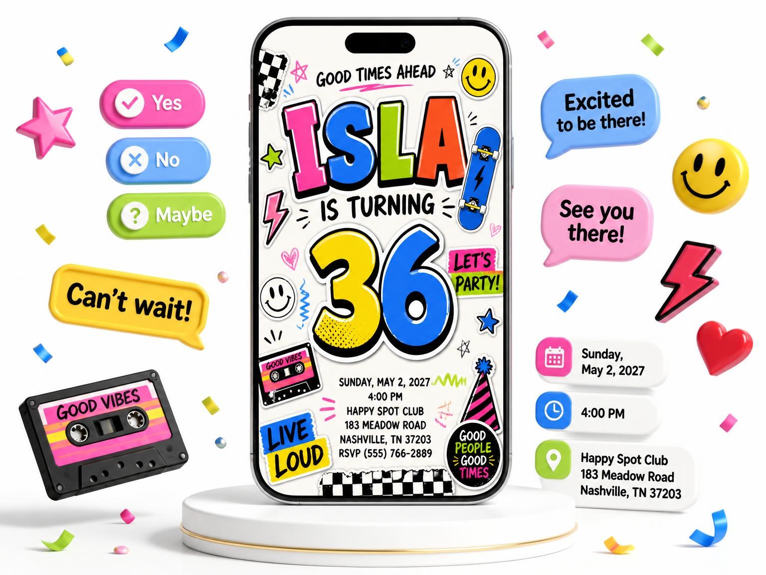 The Sticker Pop 36th Birthday Invitation invitation on a phone, with guest RSVPs arriving around it