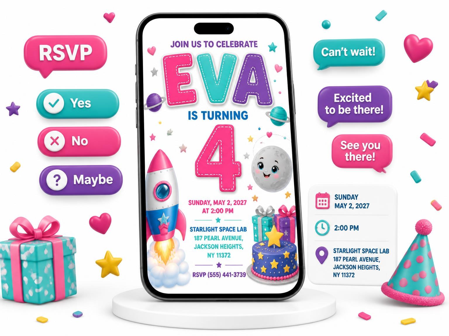 The Stitched Astronaut Girl 4th Birthday Invitation invitation on a phone, with guest RSVPs arriving around it