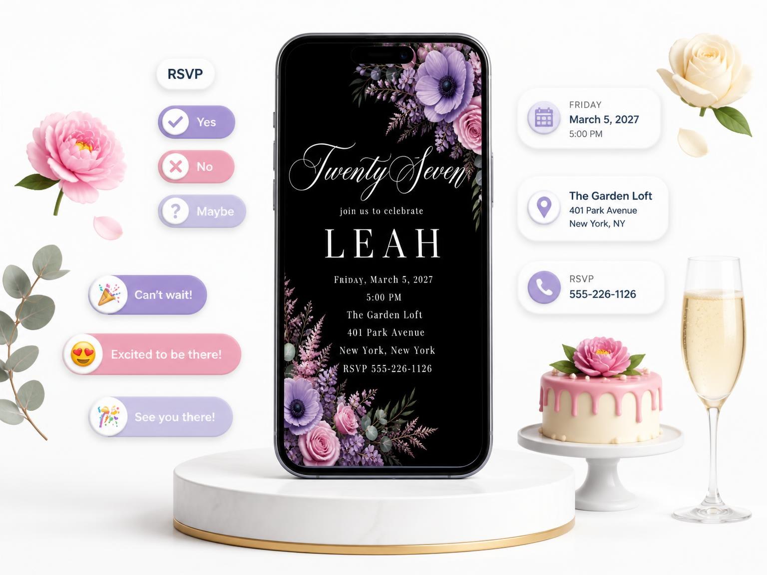 The Black Floral 27th Birthday Invitation invitation on a phone, with guest RSVPs arriving around it