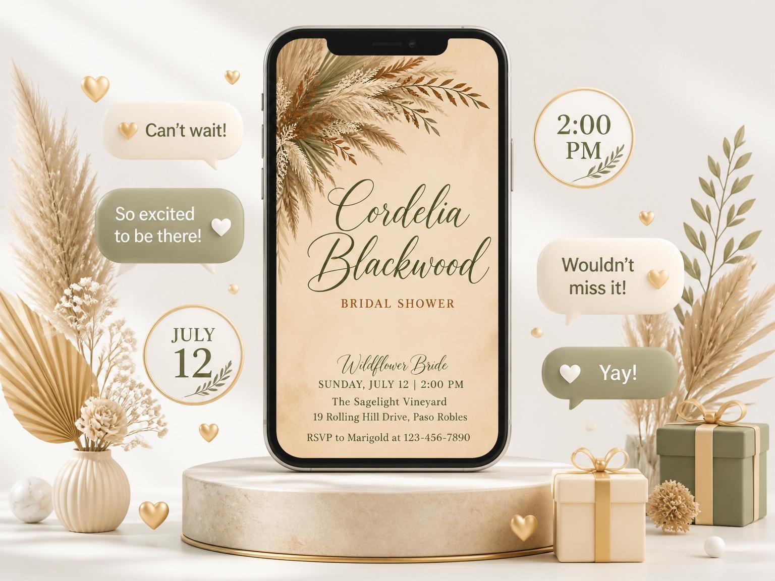 The Dried Pampas Grass Bridal Shower invitation on a phone, with guest RSVPs arriving around it