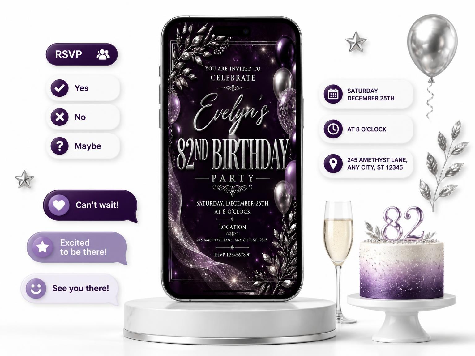 The Plum and Silver 82nd Birthday Invitation invitation on a phone, with guest RSVPs arriving around it