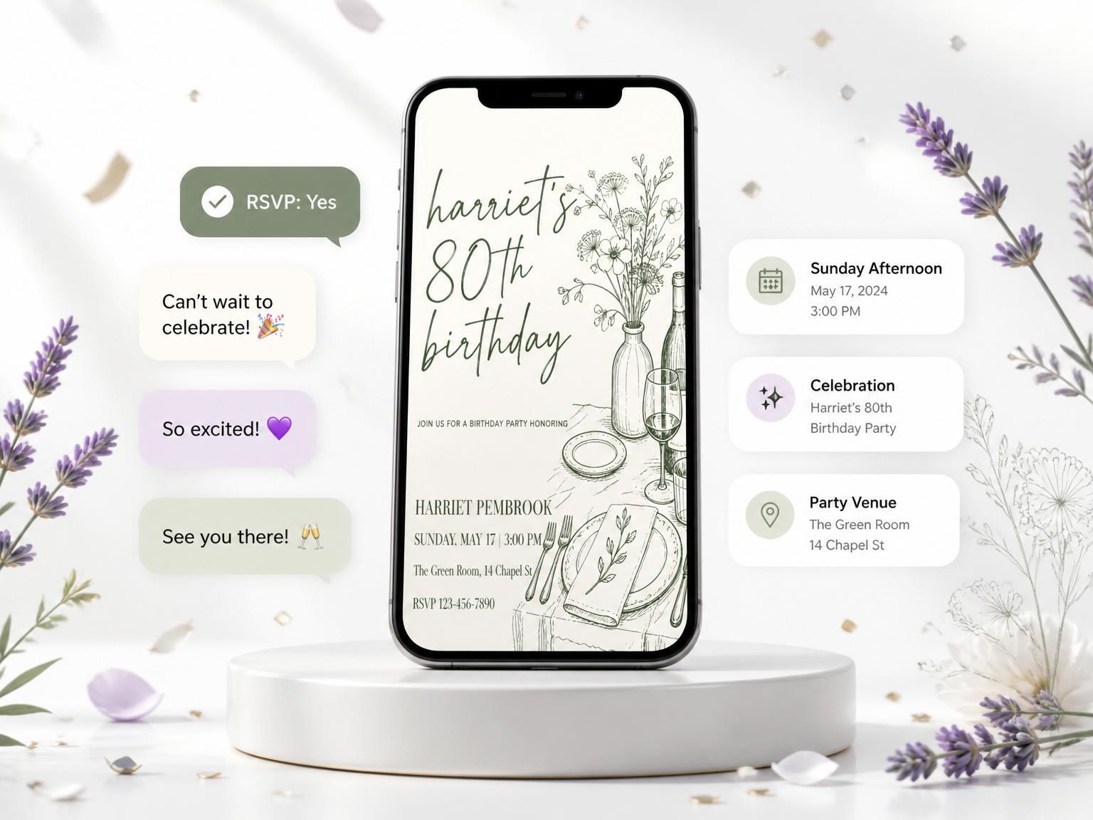 The Cream Pen-and-Ink Table Setting Birthday invitation on a phone, with guest RSVPs arriving around it
