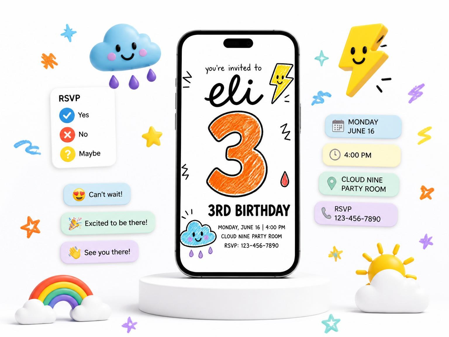 The Crayon Weather Motif 3rd Birthday invitation on a phone, with guest RSVPs arriving around it