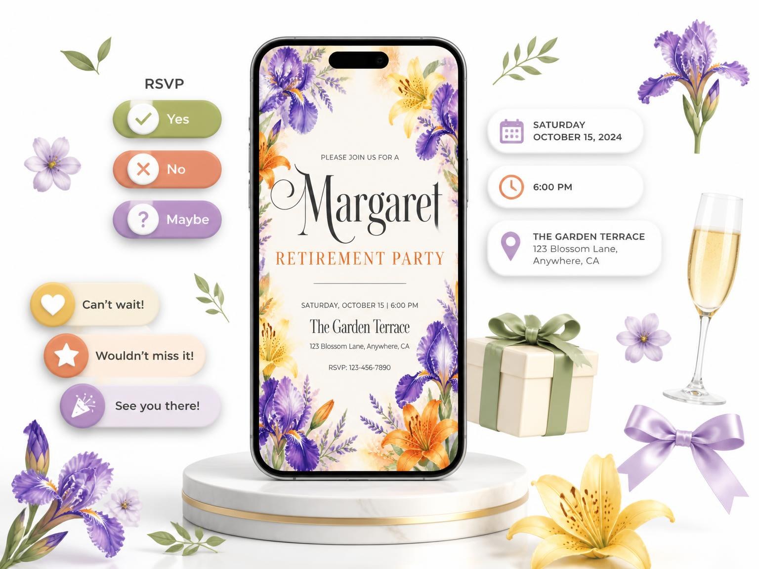 The Botanical Retirement Party Invitation invitation on a phone, with guest RSVPs arriving around it