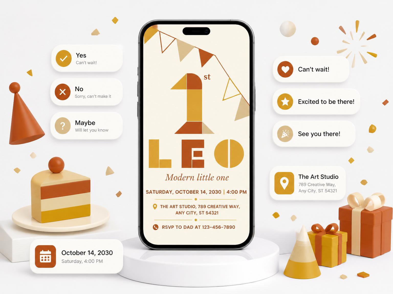 The 1st Birthday Digital Geometric Invitation invitation on a phone, with guest RSVPs arriving around it